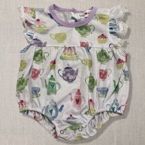 Lots of Love Baby Romper US 12 Months Tea Party Teapot Print Lace Cotton